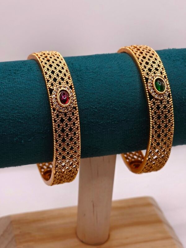 Gold Plated Ruby and Emerald Stone Bangle Pair