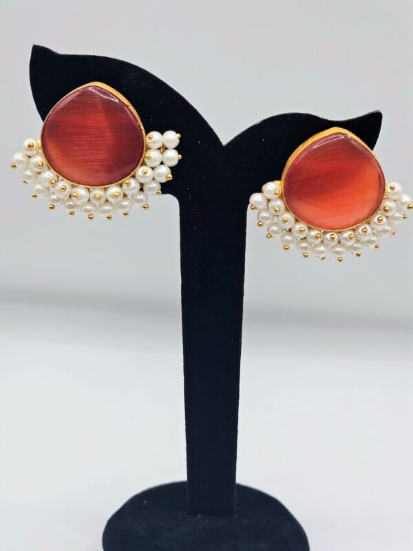 Gold plated Orange stone pearl drop Earrings